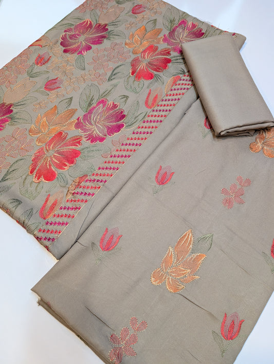 Marina Embroidered 3 Piece Suit Multi Embroidery Heavy Shawl | Skin Grey