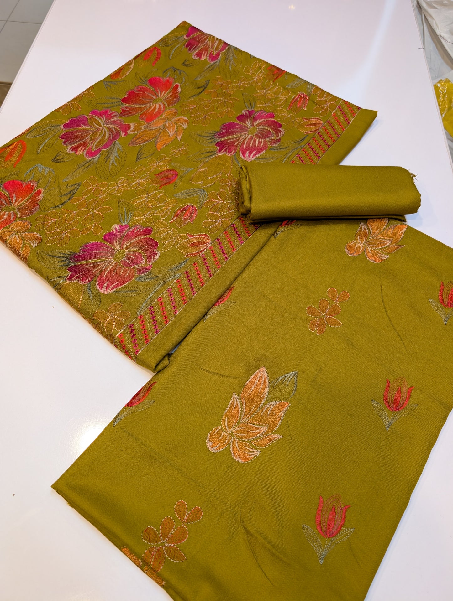 Marina Embroidered 3 Piece Suit Multi Embroidery Heavy Shawl | Mustard