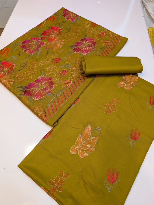 Marina Embroidered 3 Piece Suit Multi Embroidery Heavy Shawl | Mustard