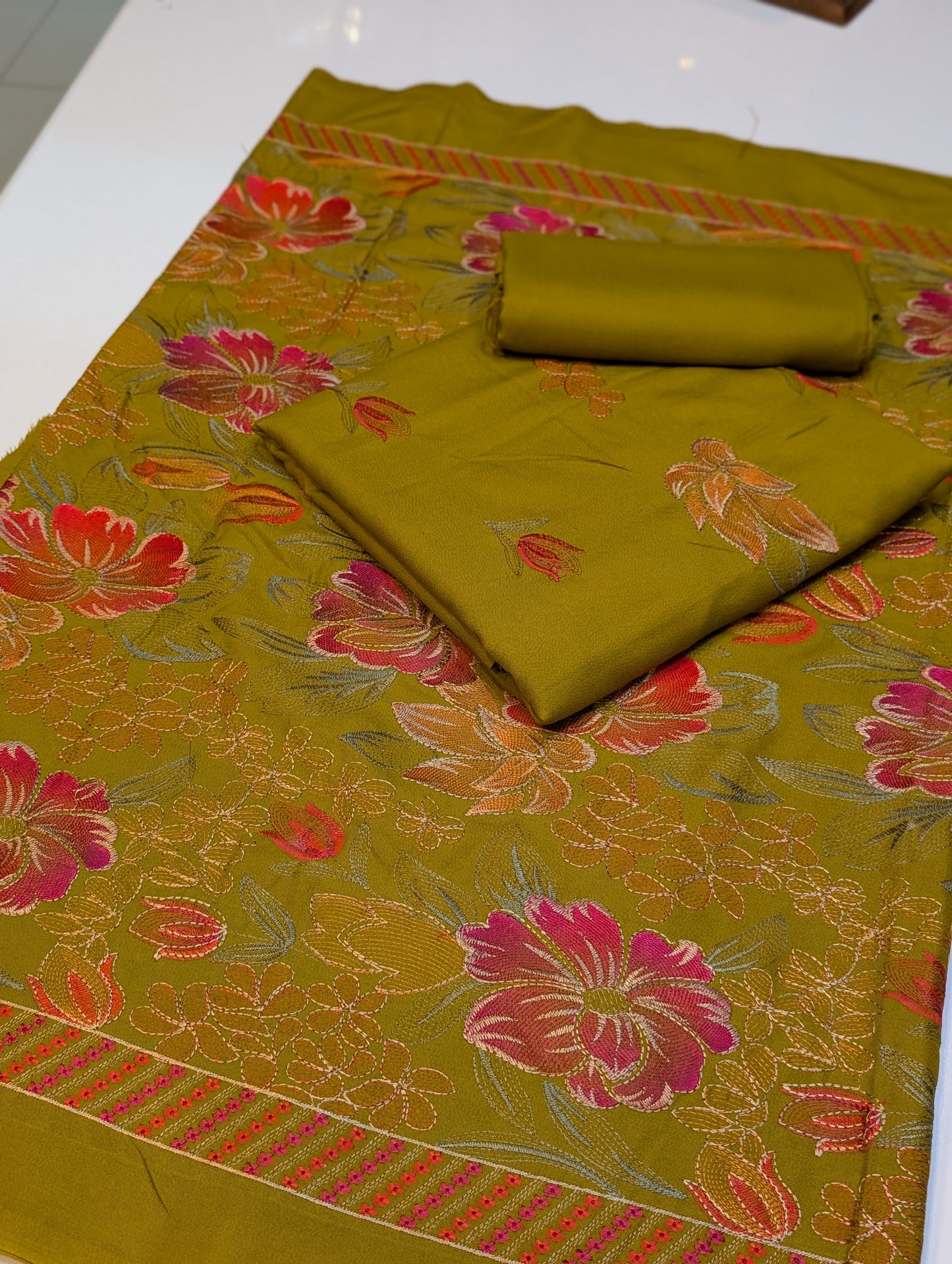 Marina Embroidered 3 Piece Suit Multi Embroidery Heavy Shawl | Mustard