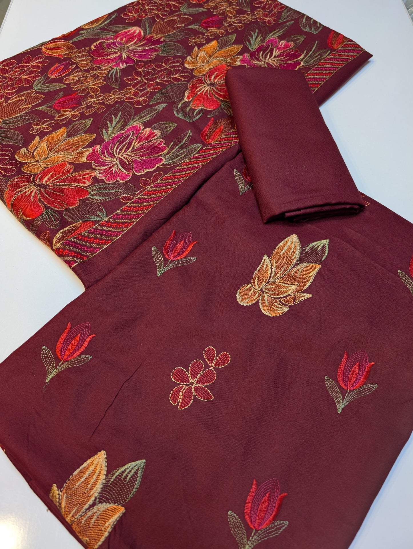 Marina Embroidered 3 Piece Suit Multi Embroidery Heavy Shawl | Maroon