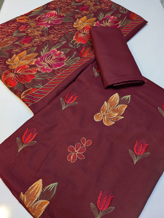 Marina Embroidered 3 Piece Suit Multi Embroidery Heavy Shawl | Maroon