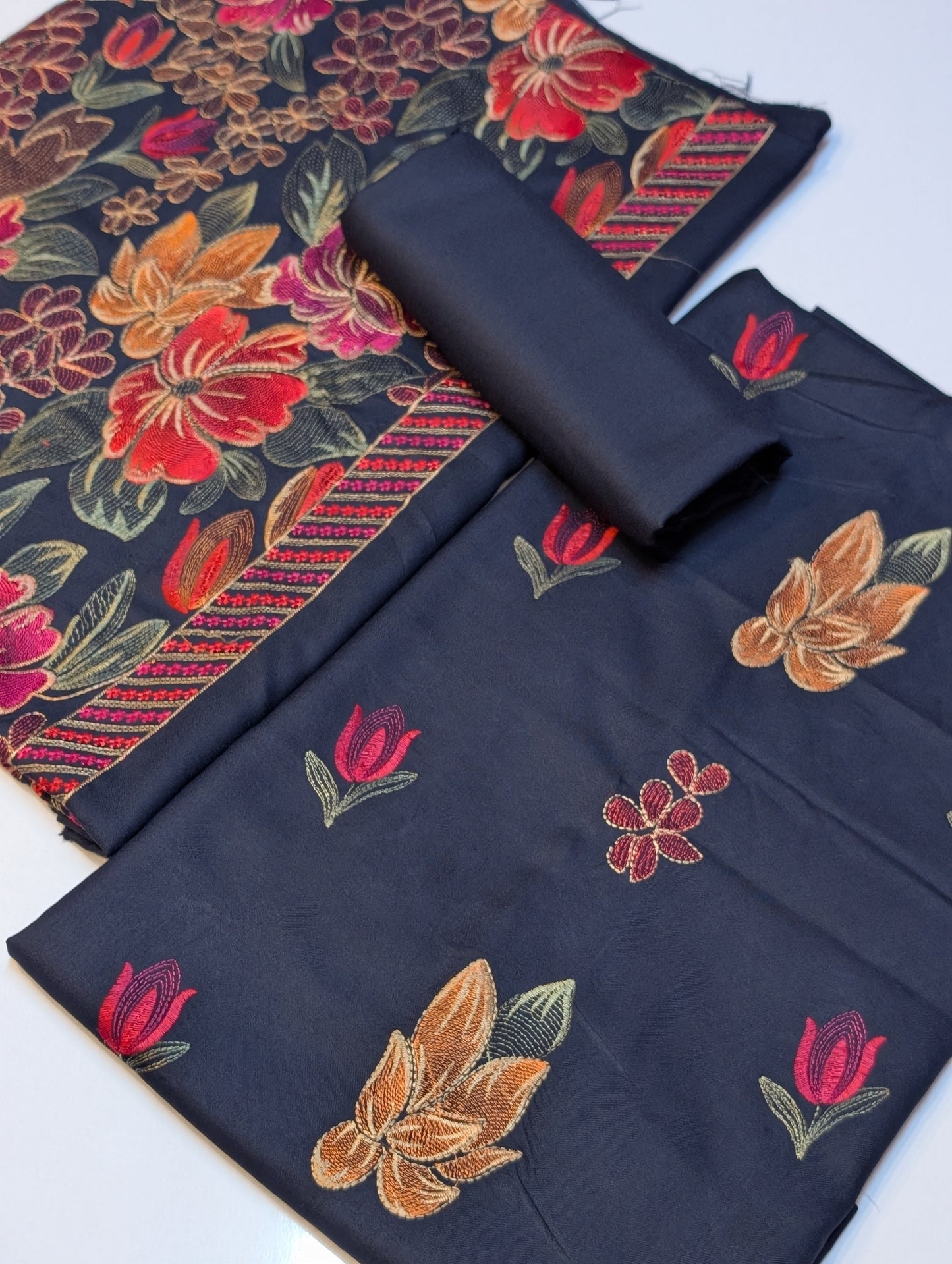 Marina Embroidered 3 Piece Suit Multi Embroidery Heavy Shawl | Navy Blue