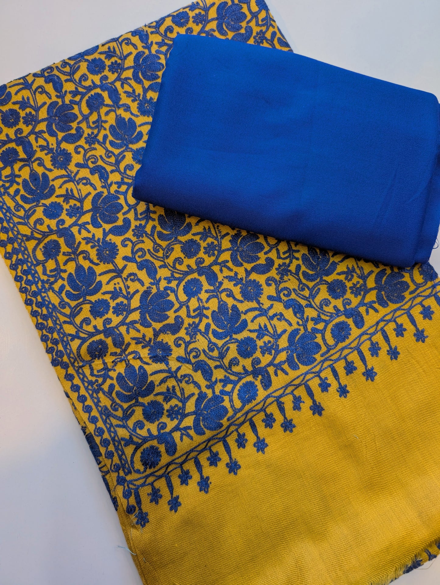 Pashmina 3 Piece Suit | Embroidered Shawl with Plain Suit Marina | Mustard With Blue