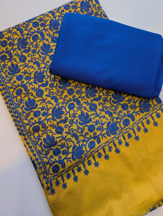 Pashmina 3 Piece Suit | Embroidered Shawl with Plain Suit Marina | Mustard With Blue