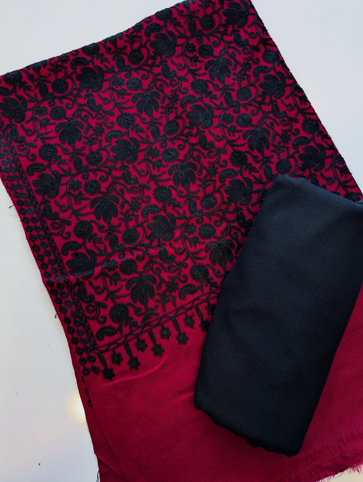 Pashmina 3 Piece Suit | Embroidered Shawl with Plain Suit Marina | Maroon With Black