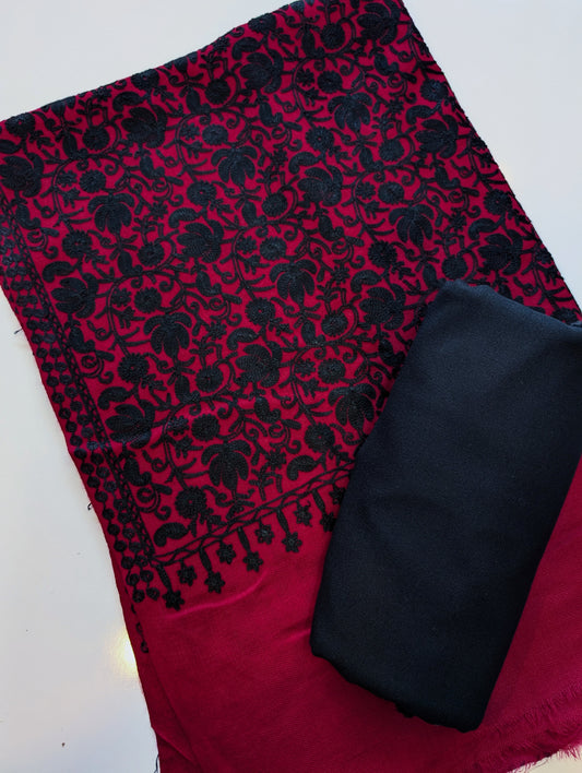 Pashmina 3 Piece Suit | Embroidered Shawl with Plain Suit Marina | Maroon With Black