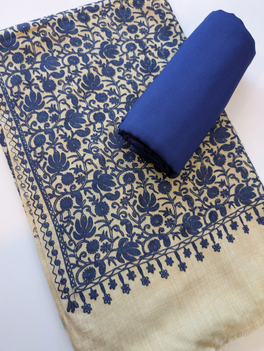 Pashmina 3 Piece Suit | Embroidered Shawl with Plain Suit Marina | Skin With Blue