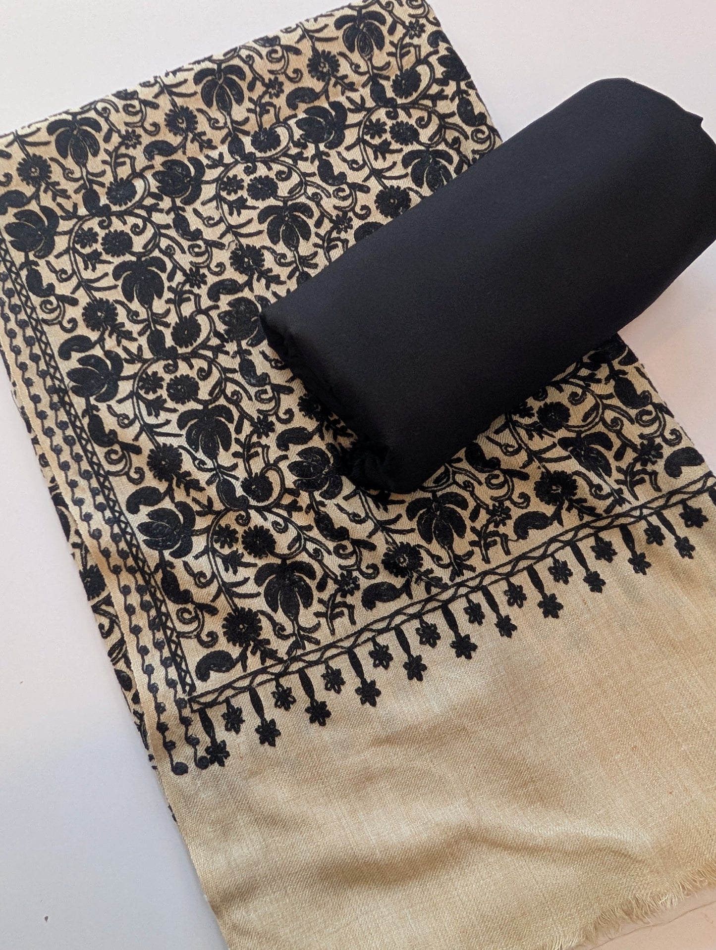 Pashmina 3 Piece Suit | Embroidered Shawl with Plain Suit Marina | Skin With Black