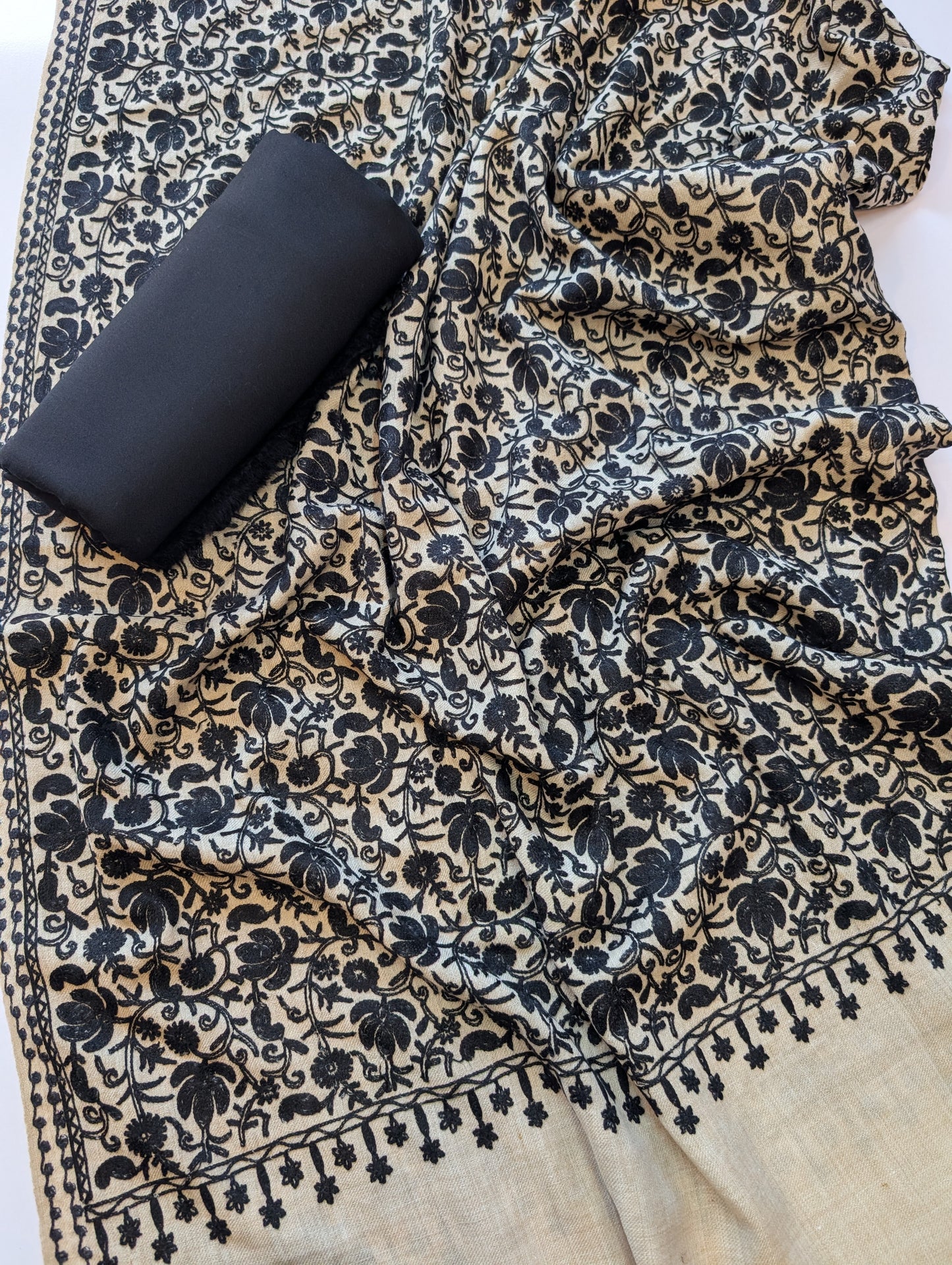 Pashmina 3 Piece Suit | Embroidered Shawl with Plain Suit Marina | Skin With Black