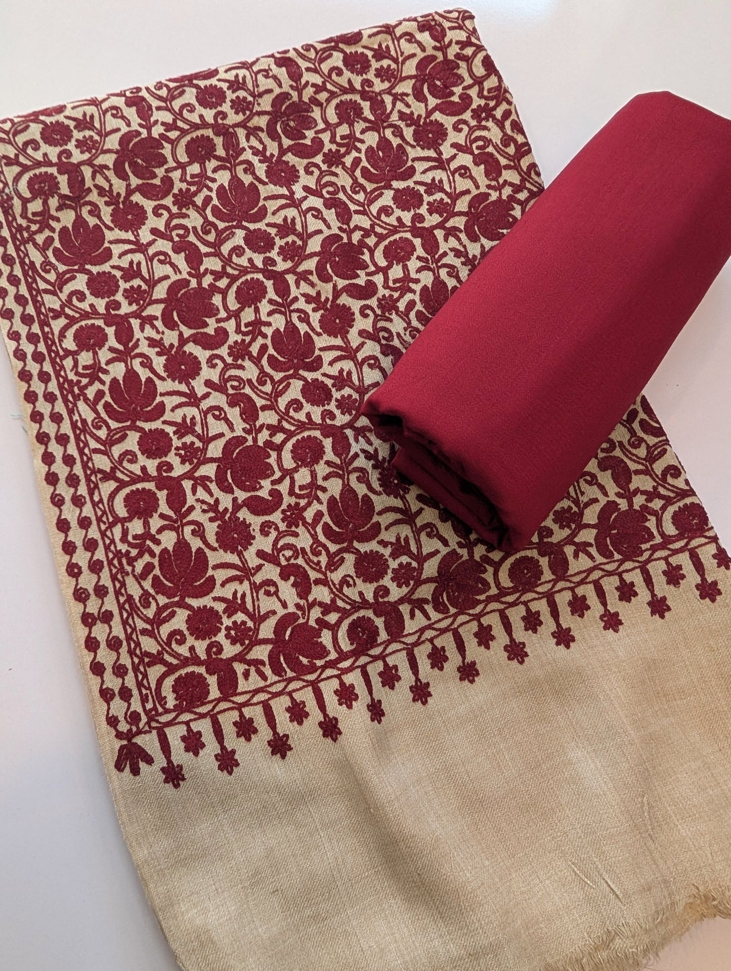 Pashmina 3 Piece Suit | Embroidered Shawl with Plain Suit Marina | Skin With Maroon