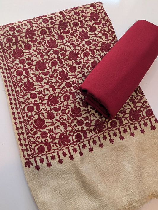 Pashmina 3 Piece Suit | Embroidered Shawl with Plain Suit Marina | Skin With Maroon