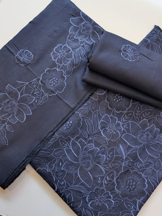Marina 3 Piece Embroidered Suit Same on Same Embroidery Marina Shawl | Navy Blue