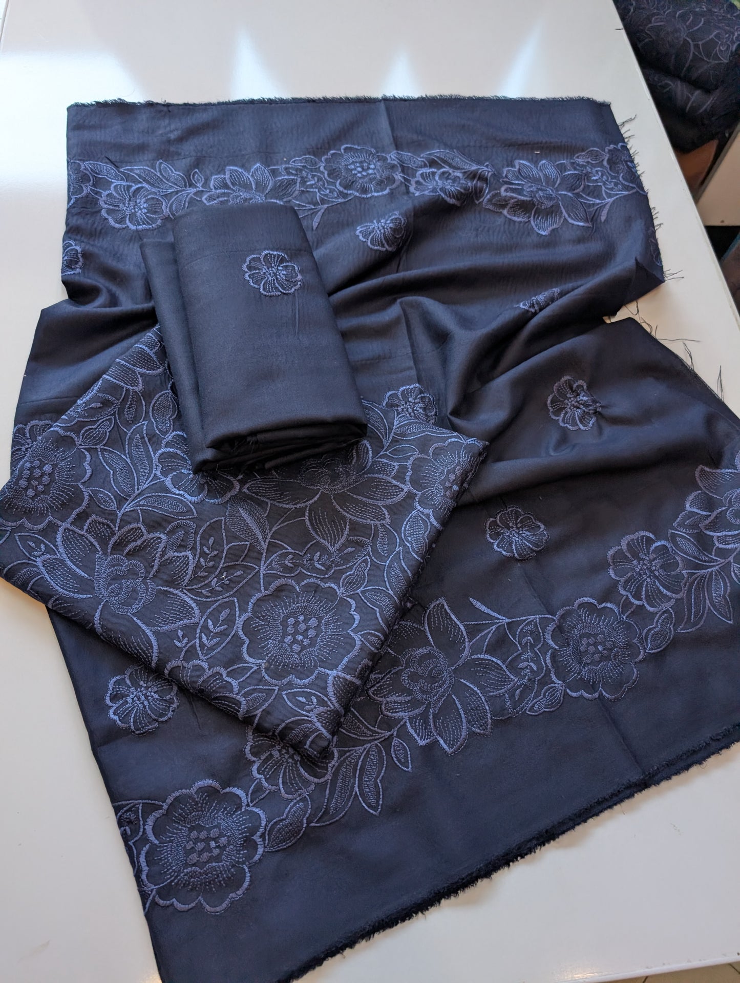 Marina 3 Piece Embroidered Suit Same on Same Embroidery Marina Shawl | Navy Blue