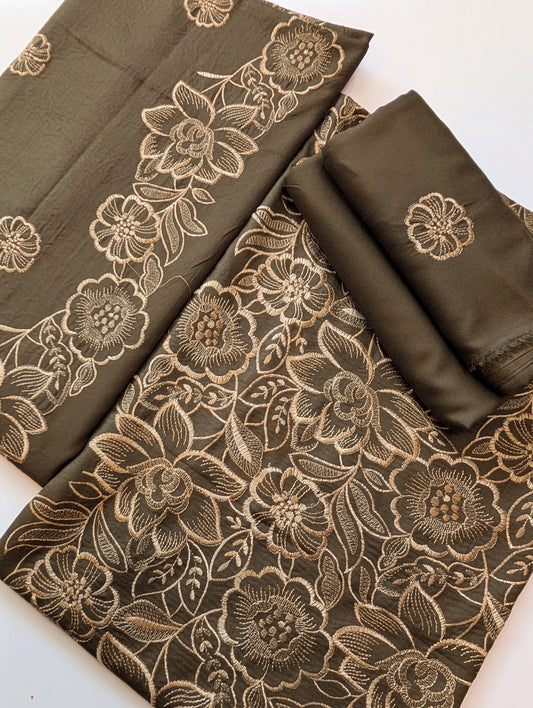 Marina 3 Piece Embroidered Suit Same on Same Embroidery Marina Shawl | Dark Mehndi