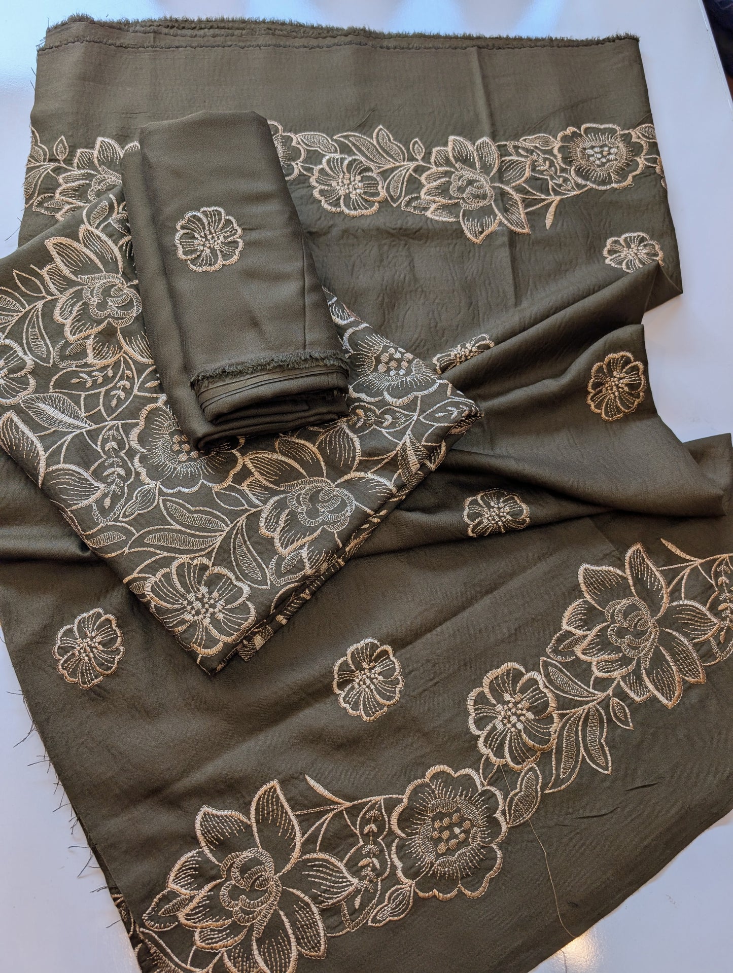 Marina 3 Piece Embroidered Suit Same on Same Embroidery Marina Shawl | Dark Mehndi