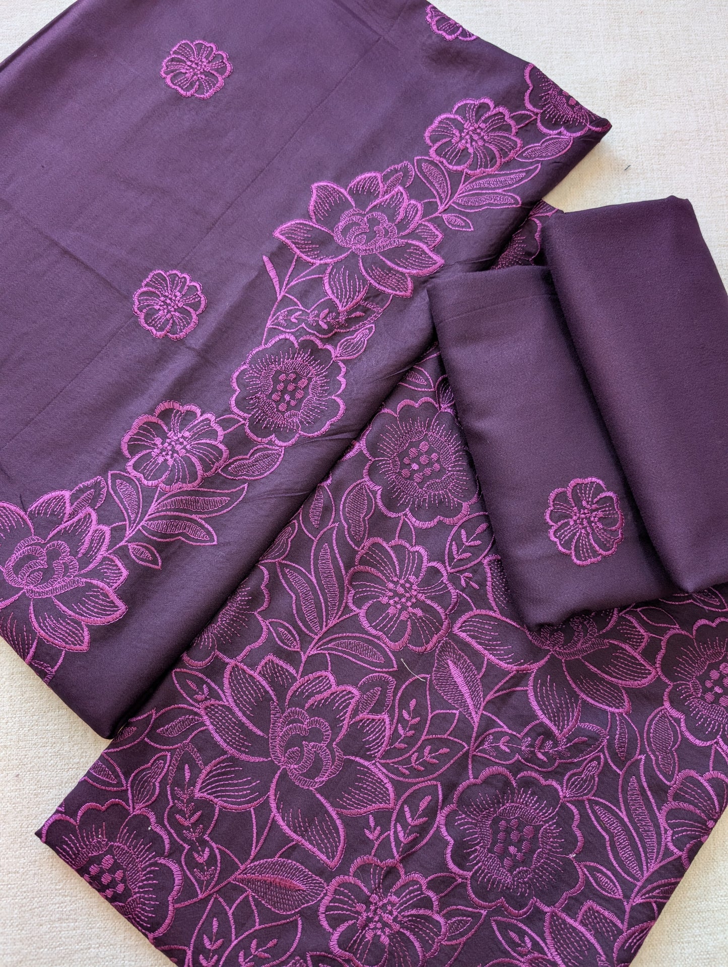 Marina 3 Piece Embroidered Suit Same on Same Embroidery Marina Shawl | Dark Purple