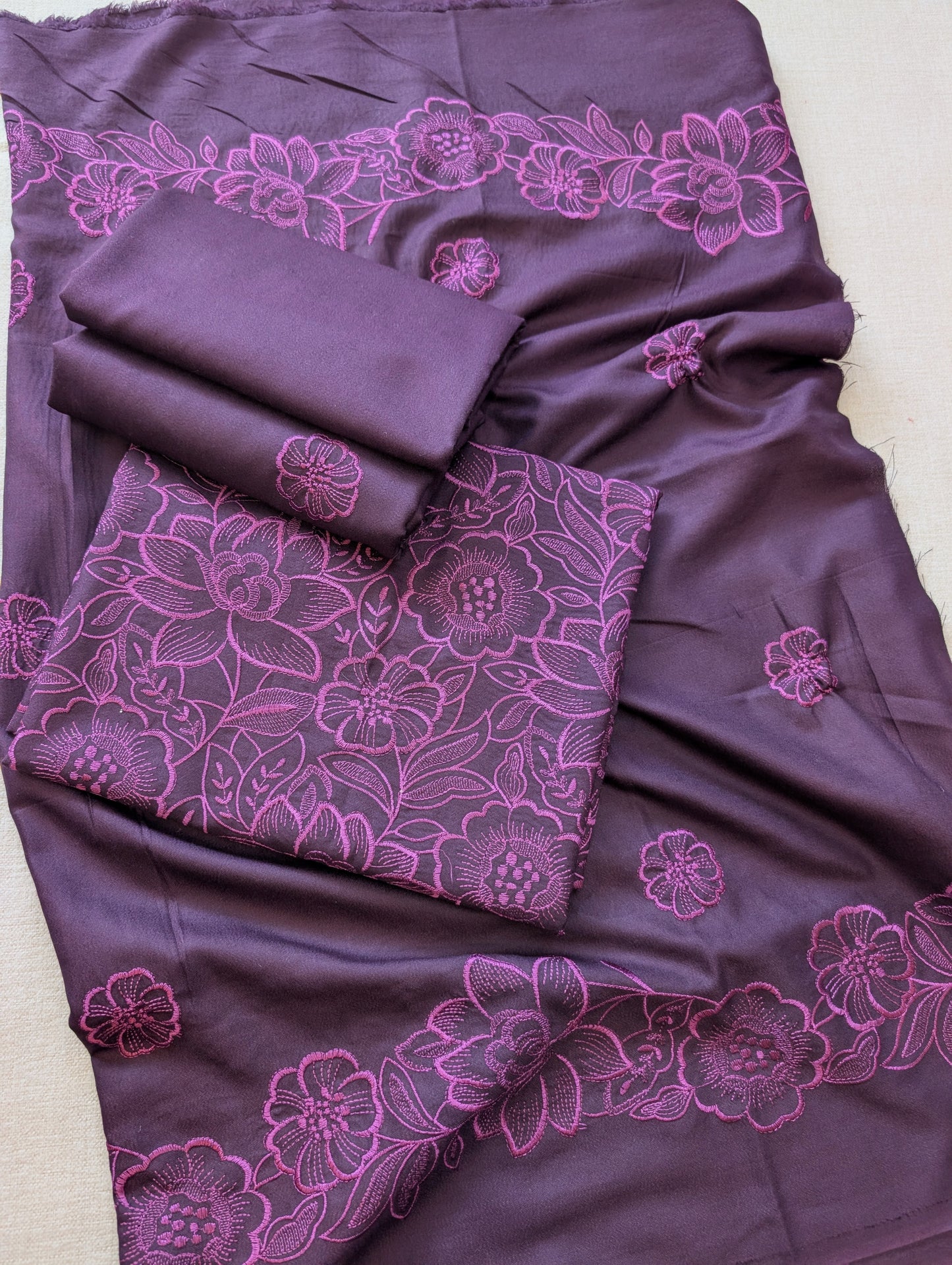 Marina 3 Piece Embroidered Suit Same on Same Embroidery Marina Shawl | Dark Purple
