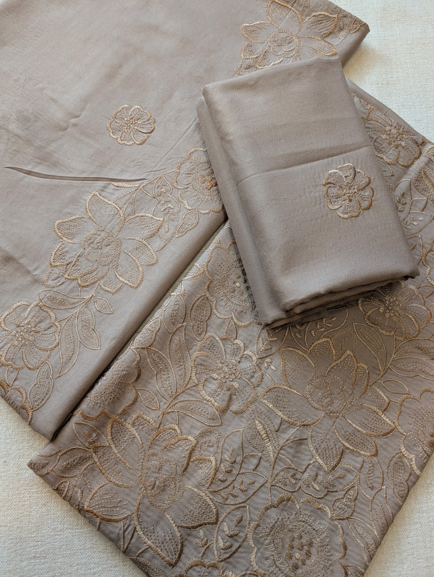 Marina 3 Piece Embroidered Suit Same on Same Embroidery Marina Shawl | Skin Grey