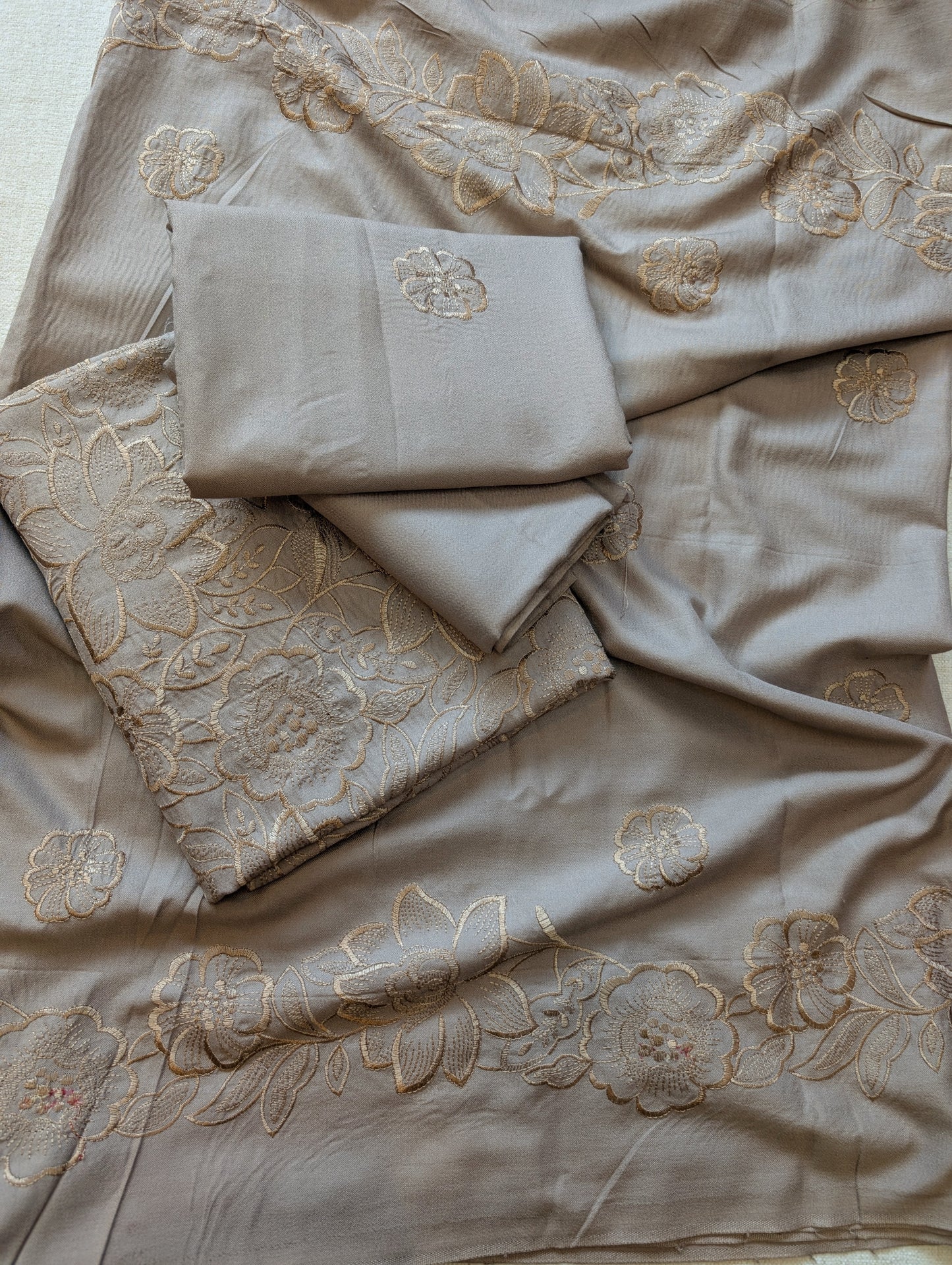 Marina 3 Piece Embroidered Suit Same on Same Embroidery Marina Shawl | Skin Grey