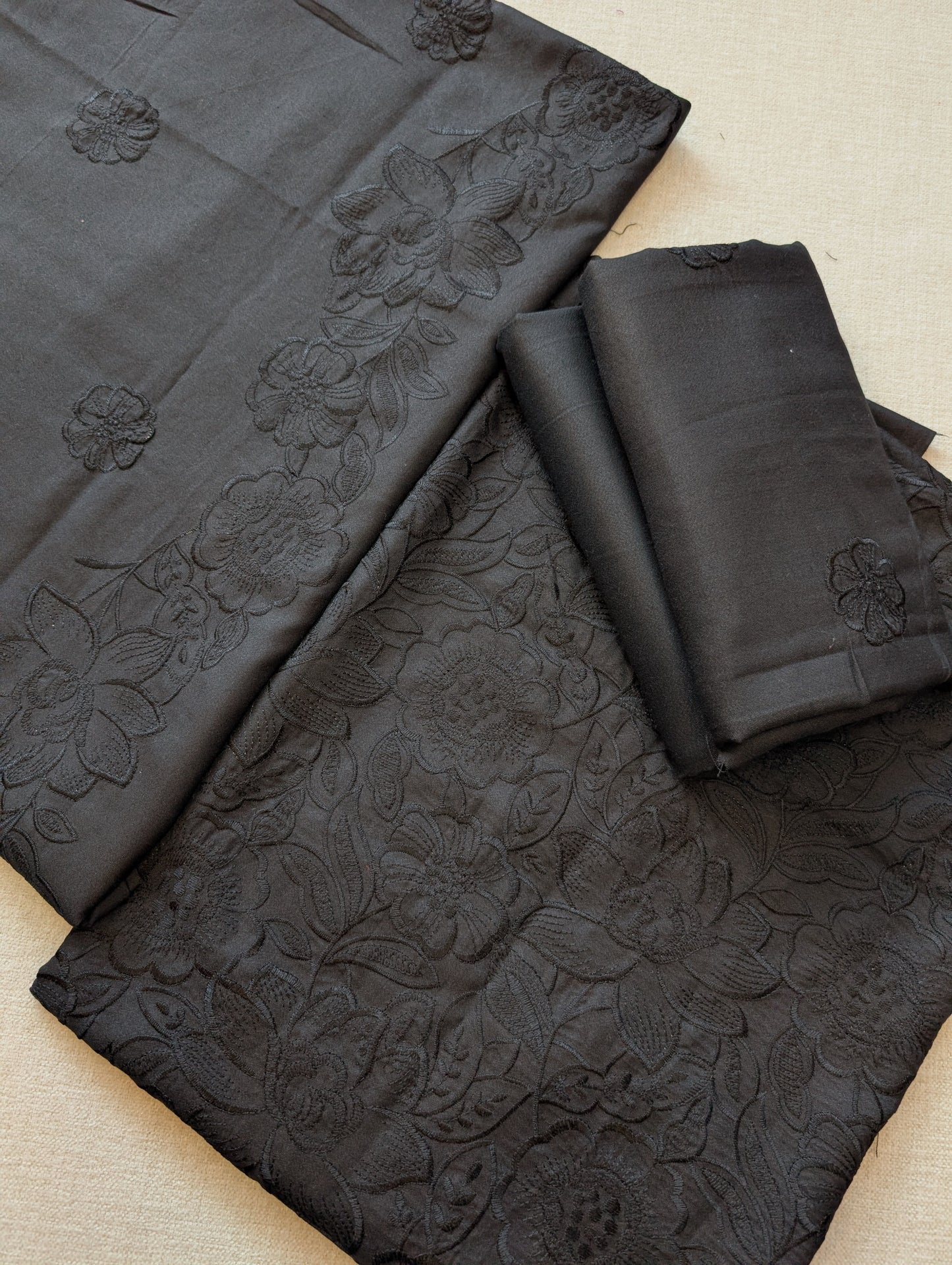 Marina 3 Piece Embroidered Suit Same on Same Embroidery Marina Shawl | Black