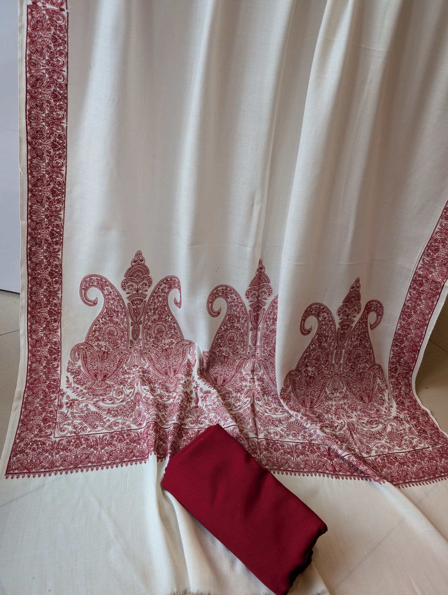 Pashmina 3 Piece Suit | Embroidered Shawl with Plain Suit Marina | Off White With Maroon