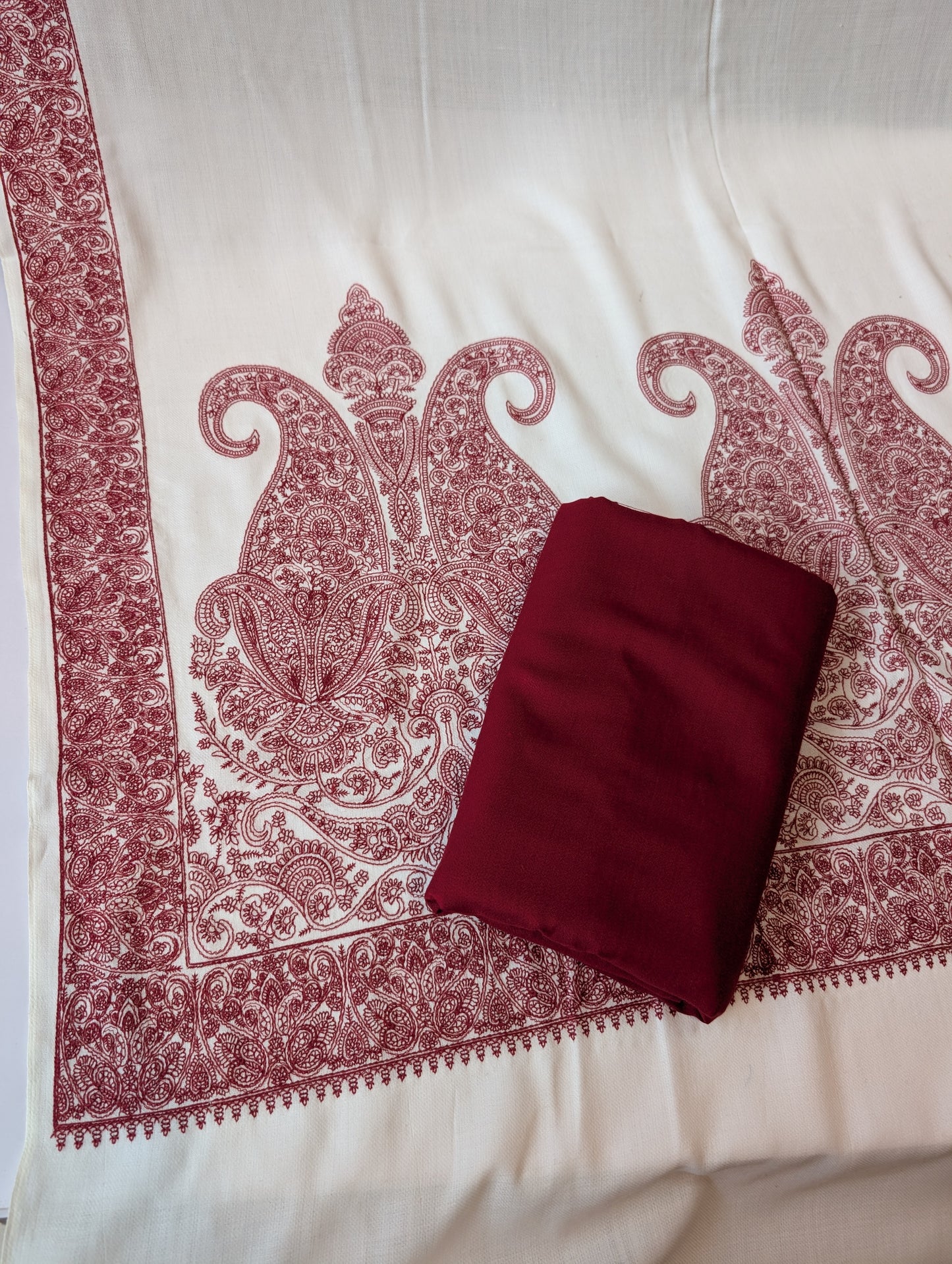 Pashmina 3 Piece Suit | Embroidered Shawl with Plain Suit Marina | Off White With Maroon