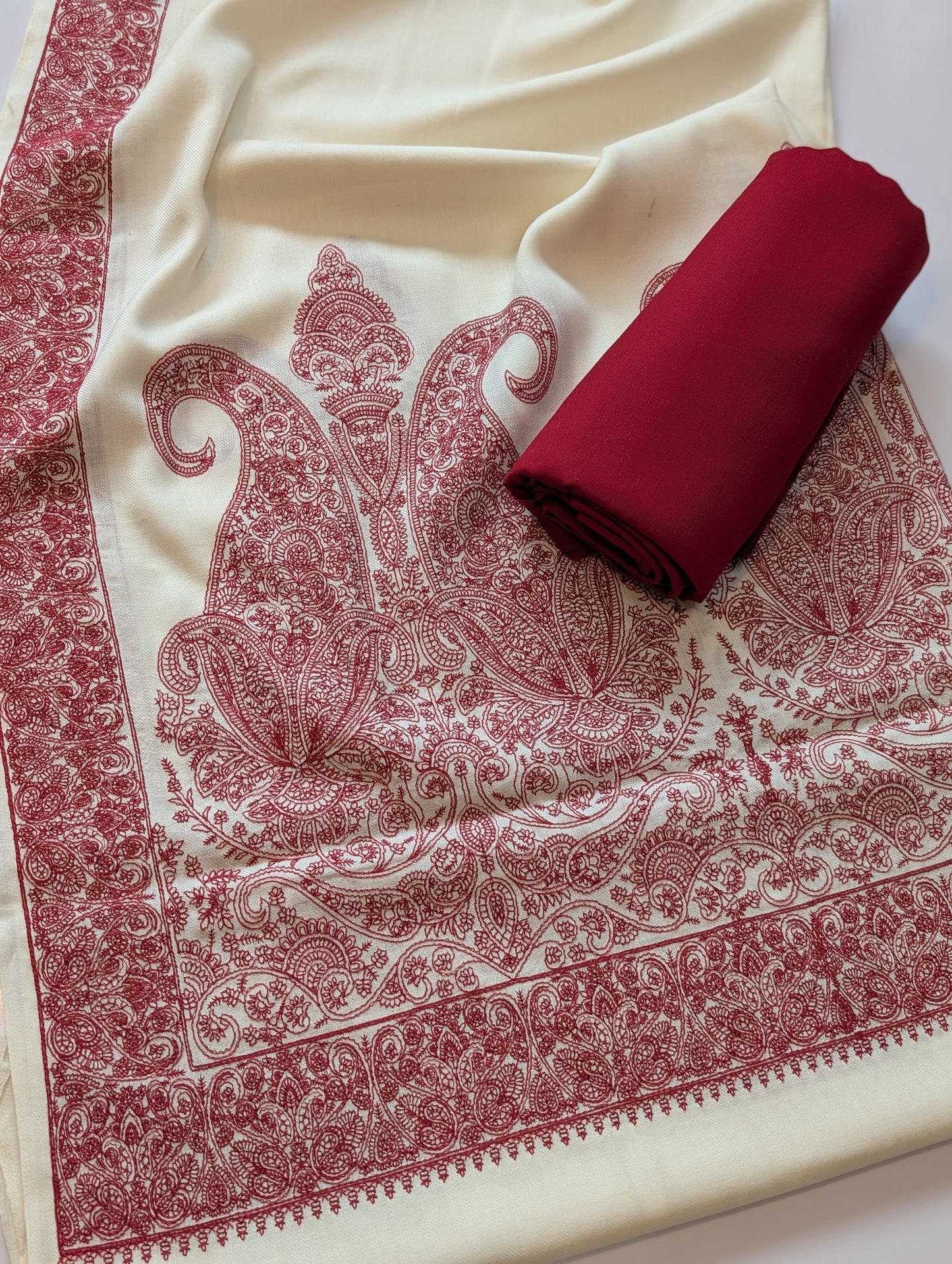 Pashmina 3 Piece Suit | Embroidered Shawl with Plain Suit Marina | Off White With Maroon