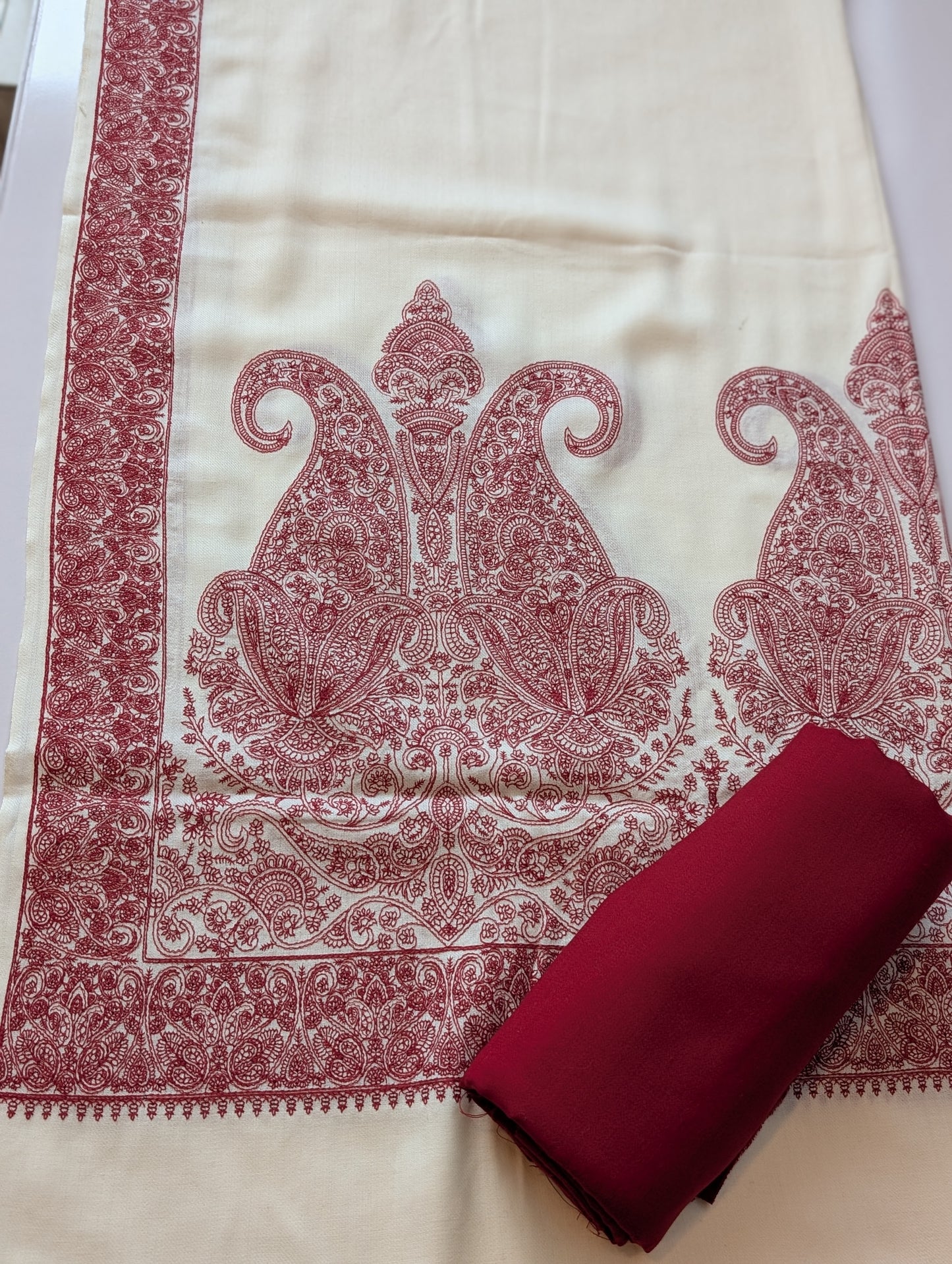 Pashmina 3 Piece Suit | Embroidered Shawl with Plain Suit Marina | Off White With Maroon