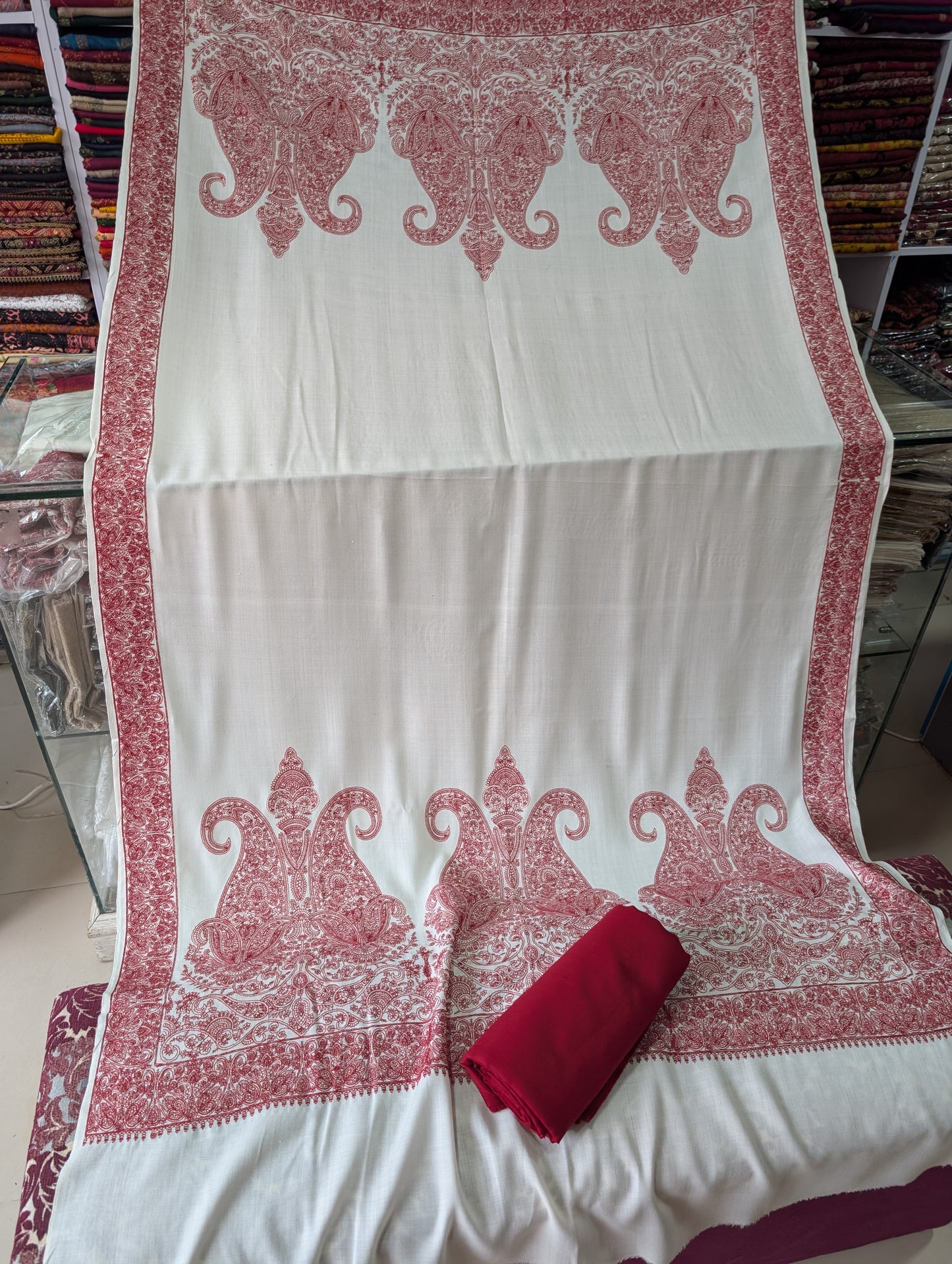 Pashmina 3 Piece Suit | Embroidered Shawl with Plain Suit Marina | Off White With Maroon