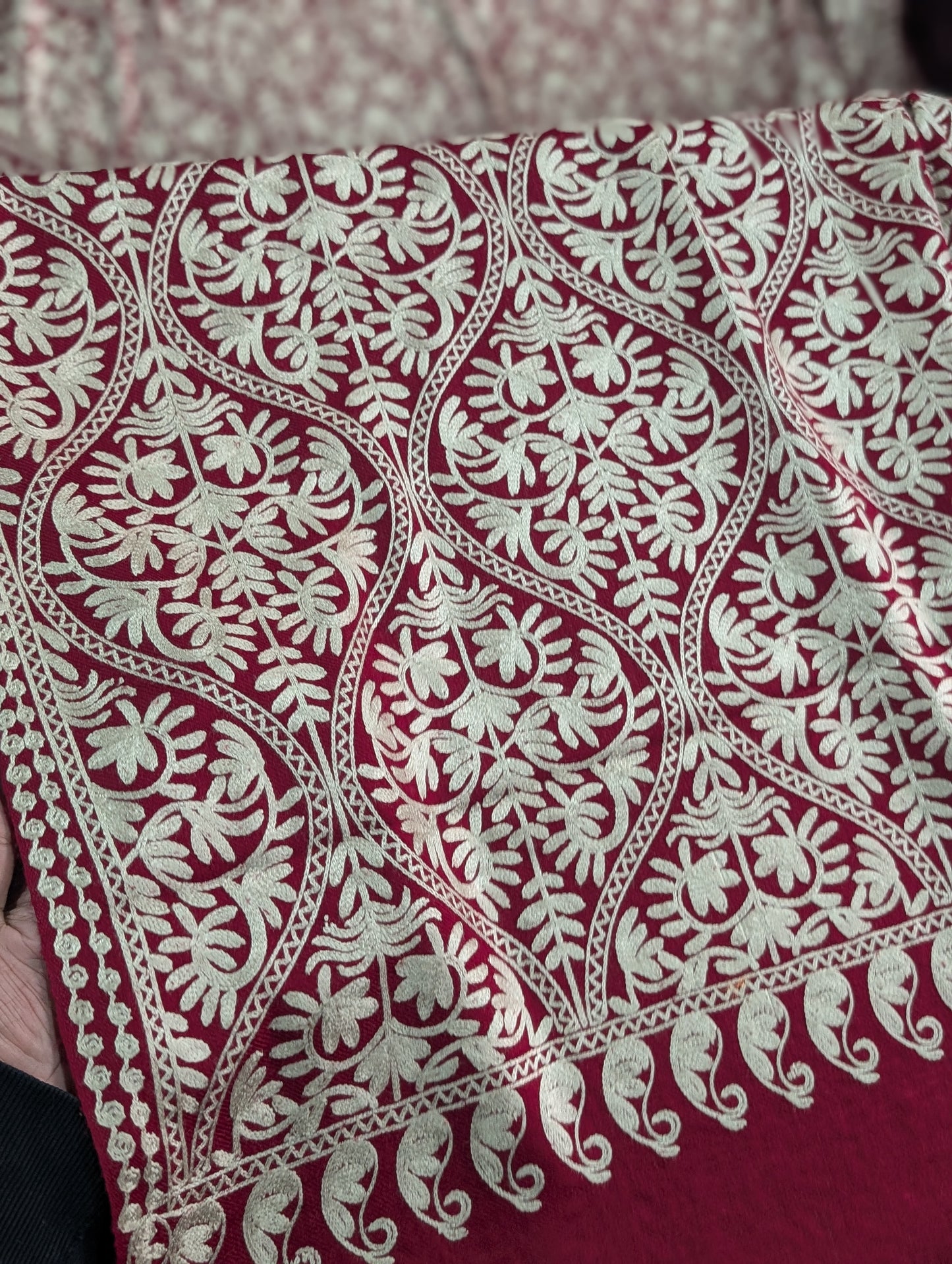 Pashmina Embroidered Shawl Matka Design | Kashmiri Aar Work Embroidery Perfect Gift in Sale Price Matka Design | Maroon With Skin