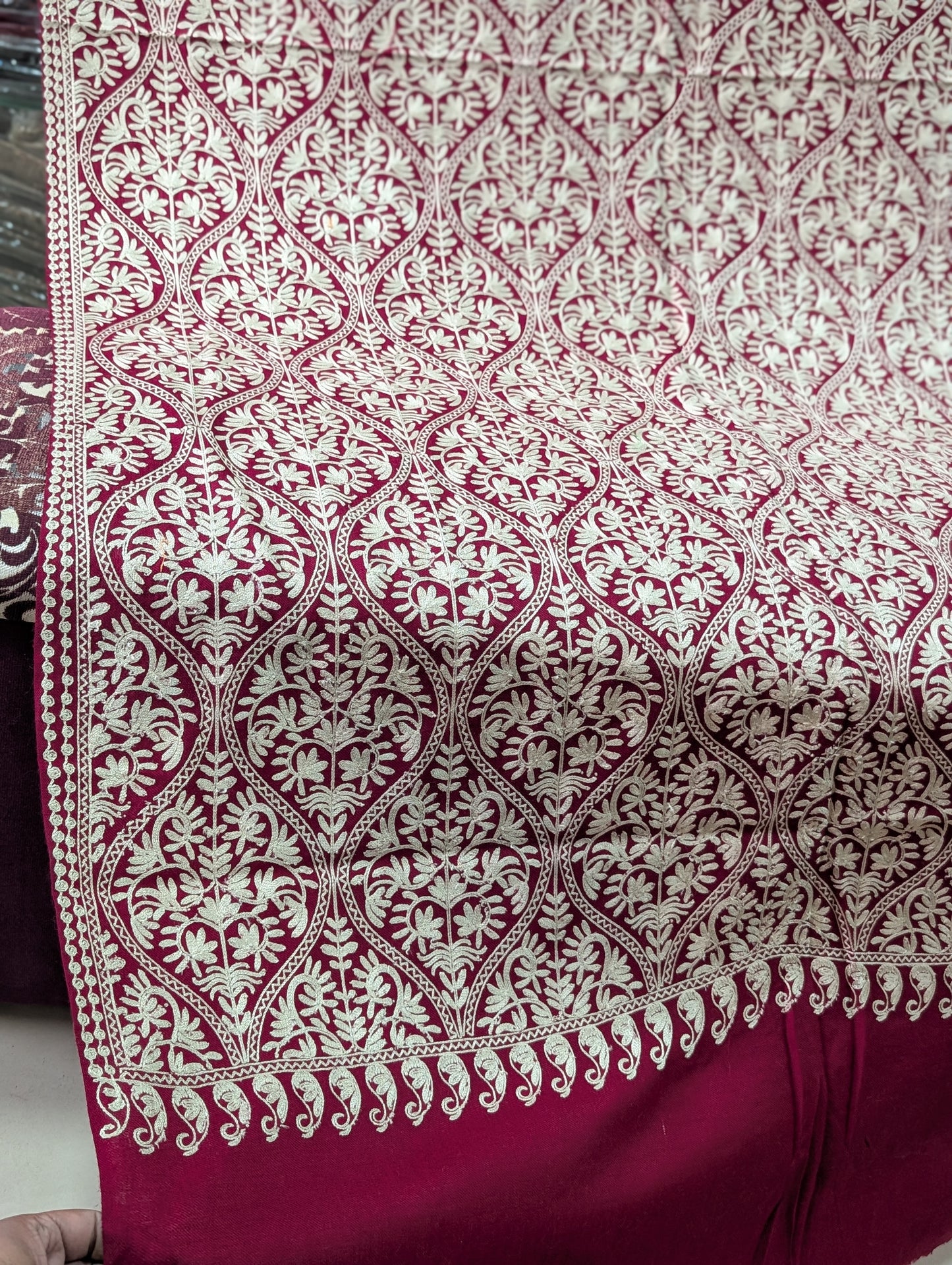 Pashmina Embroidered Shawl Matka Design | Kashmiri Aar Work Embroidery Perfect Gift in Sale Price Matka Design | Maroon With Skin