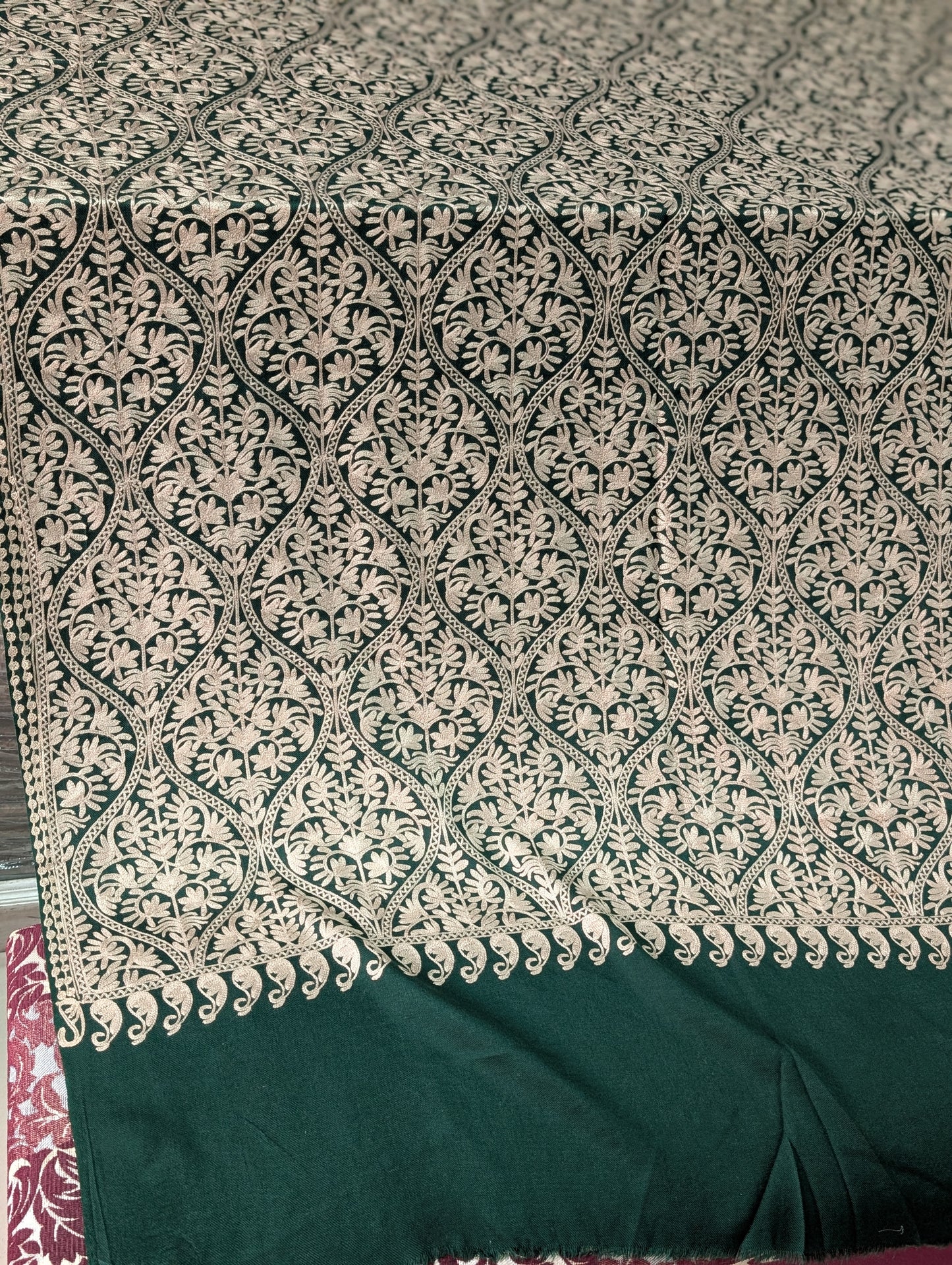 Pashmina Embroidered Shawl Matka Design | Kashmiri Aar Work Embroidery Perfect Gift in Sale Price Matka Design | Green With Skin