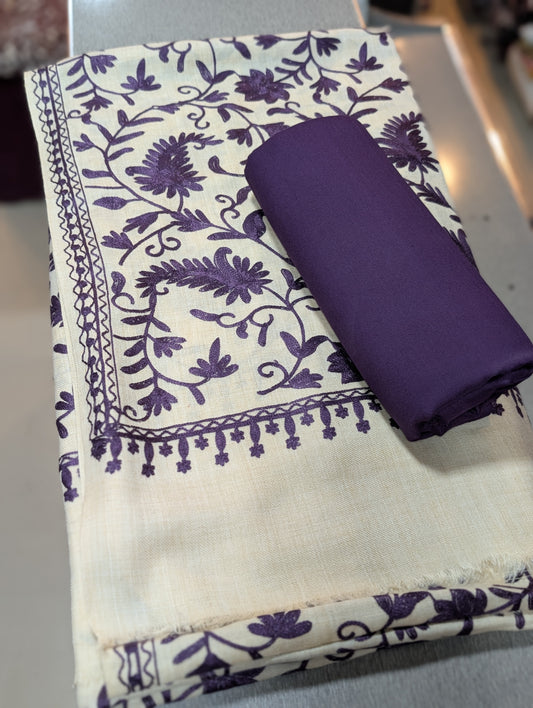 Pashmina 3 Piece Suit | Embroidered Shawl with Plain Suit Marina | Purple