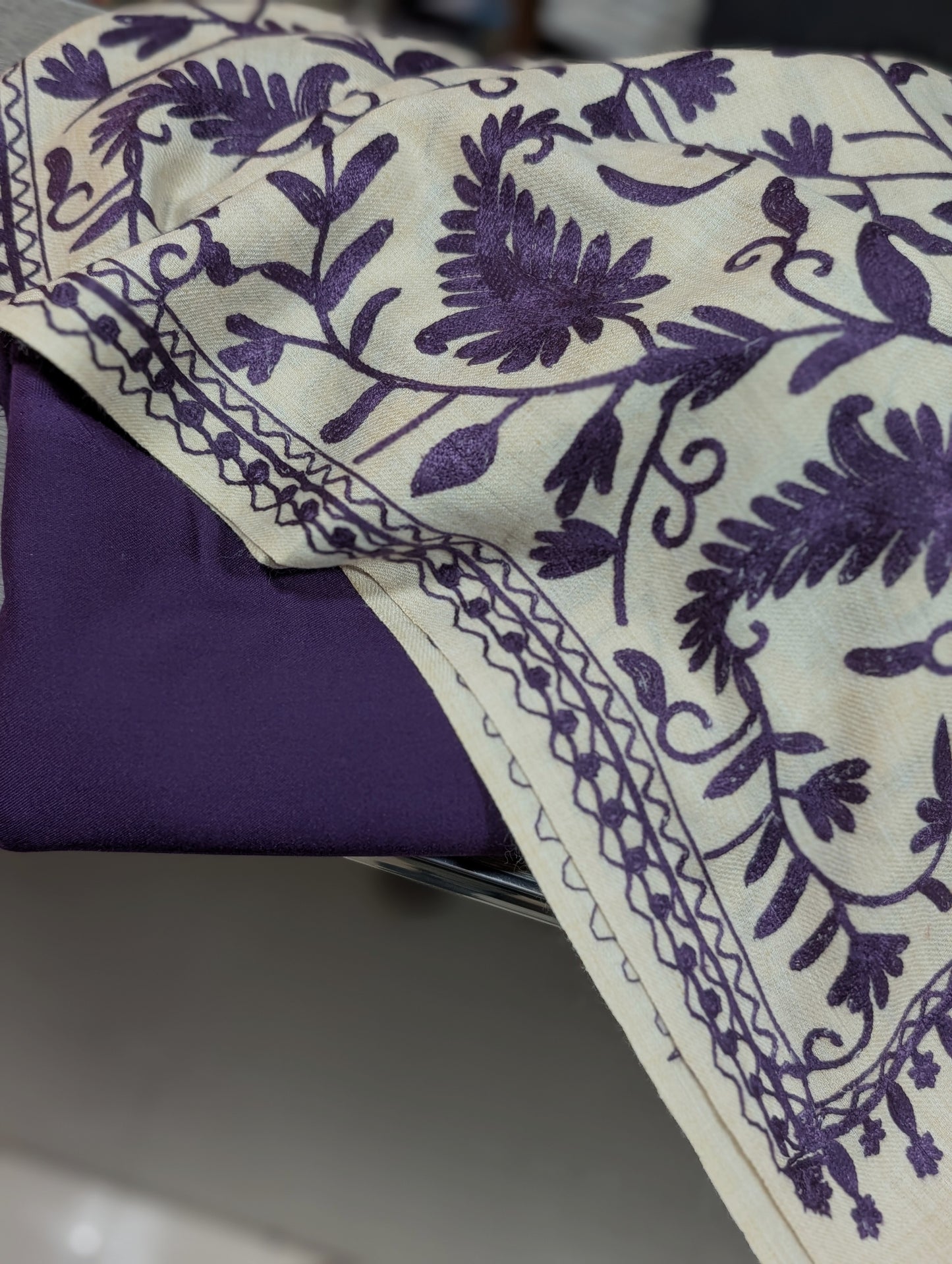 Pashmina 3 Piece Suit | Embroidered Shawl with Plain Suit Marina | Purple