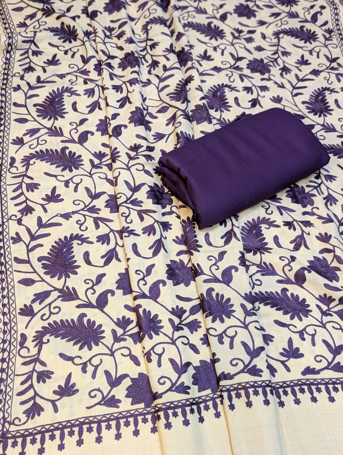 Pashmina 3 Piece Suit | Embroidered Shawl with Plain Suit Marina | Purple
