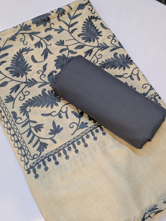 Pashmina 3 Piece Suit | Embroidered Shawl with Plain Suit Marina | Grey