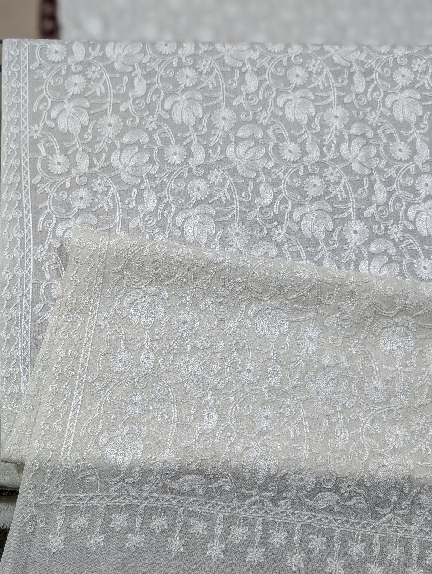 Pashmina Embroidered Shawl | Kashmiri Aar Work Embroidery Perfect Gift in Sale Price White