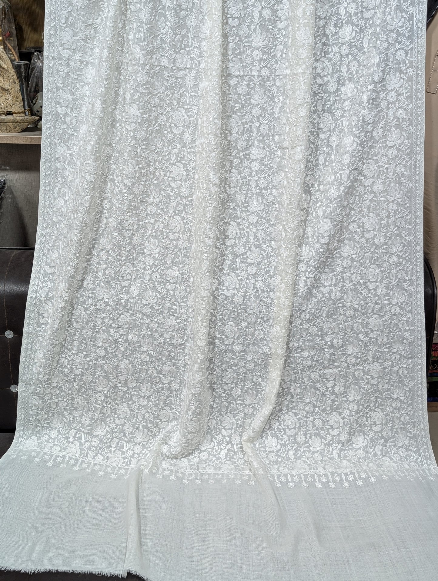 Pashmina Embroidered Shawl | Kashmiri Aar Work Embroidery Perfect Gift in Sale Price White