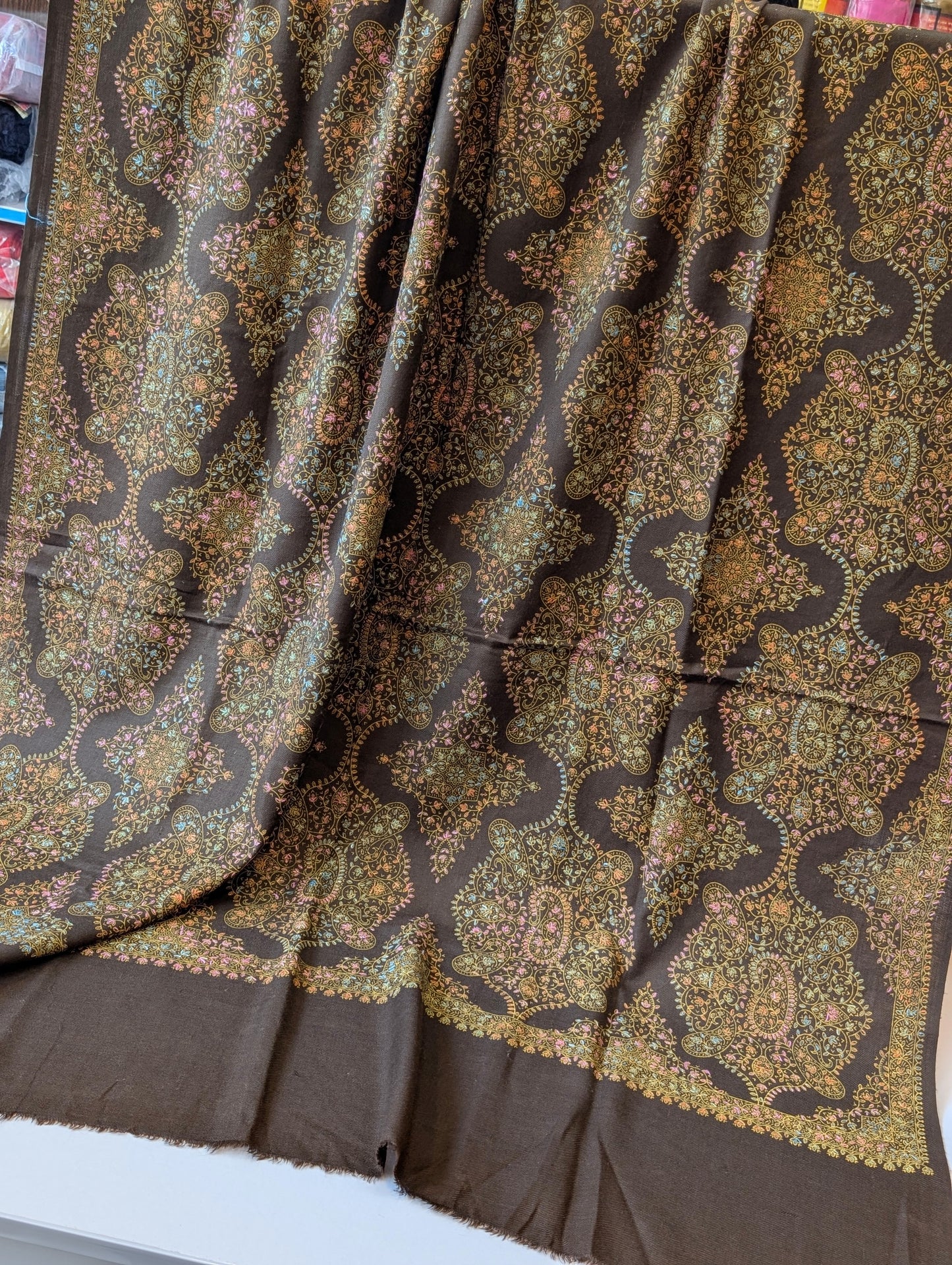 Pashmina Shawl | Hand Embroidery on Print Beautiful Shawl | Choc Brown