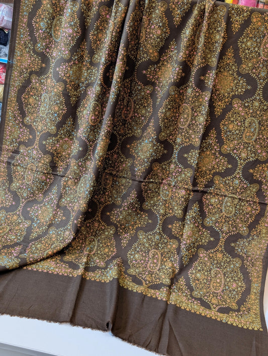 Pashmina Shawl | Hand Embroidery on Print Beautiful Shawl | Choc Brown