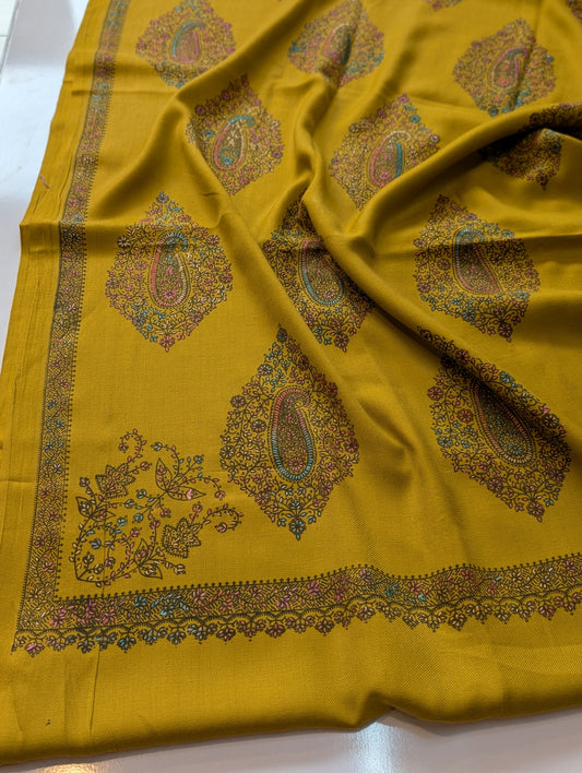 Pashmina Shawl | Hand Embroidery on Print Beautiful Shawl | Mustard