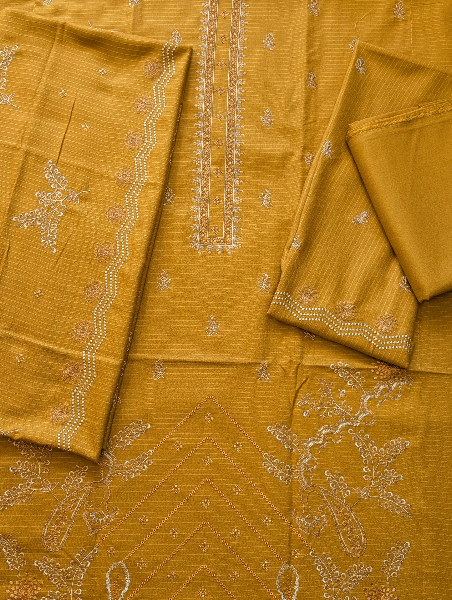 Marina (Doria) 3 Piece Embroidered Suit Multi Fancy Embroidery With Marina Shawl | Mustard