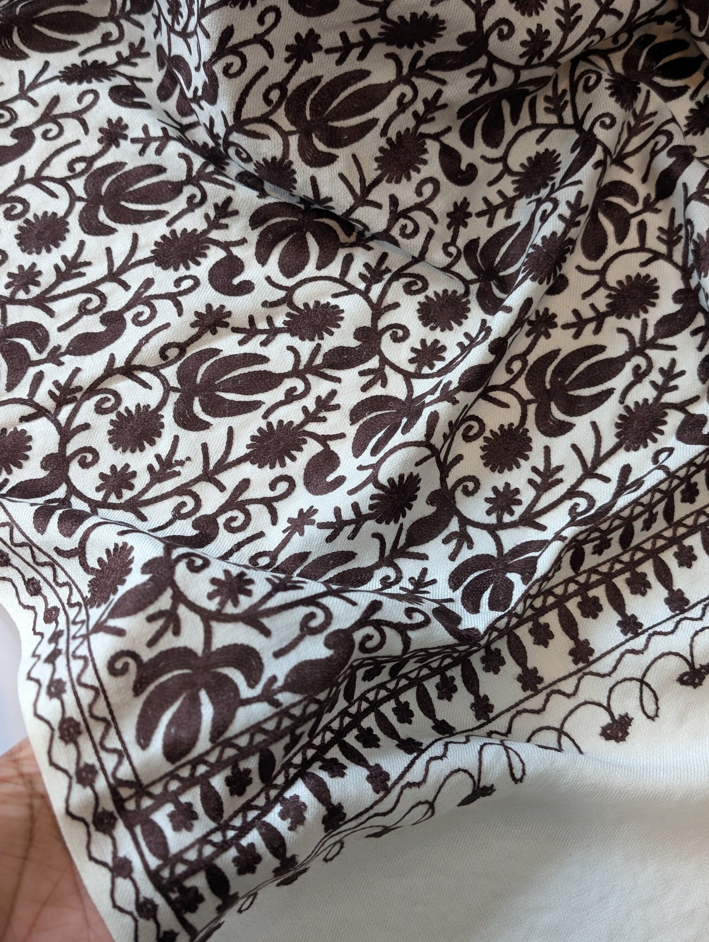 White With Brown Pashmina Embroidered Shawl | Kashmiri Aar Work Embroidery Perfect Gift in Sale Price