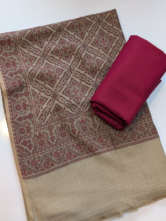 Pashmina 3 Piece Suit | Skin Kani Pashmina Shawl With Maroon Plain Marina Suit