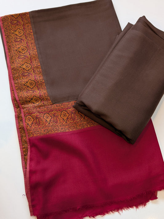 Pashmina Suit 3 Piece | Kani Border Shawl with Plain Suit | Choc Brown