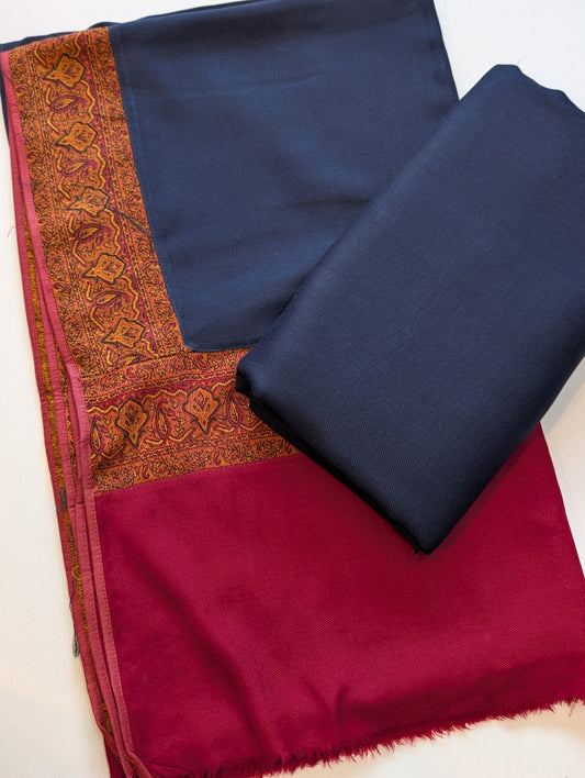 Pashmina Suit 3 Piece | Kani Border Shawl with Plain Suit | Navy Blue