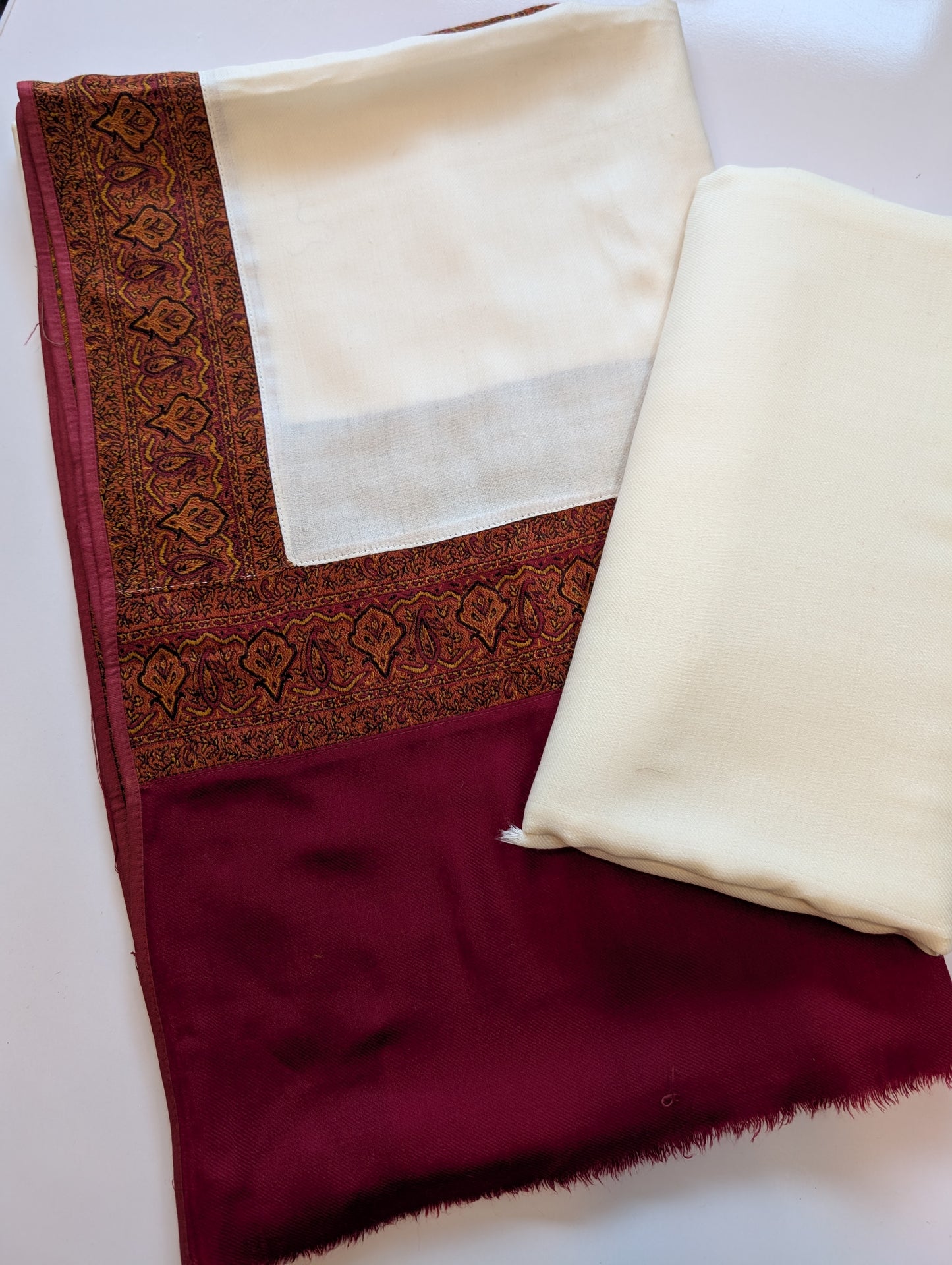 Pashmina Suit 3 Piece | Kani Border Shawl with Plain Suit | Off White