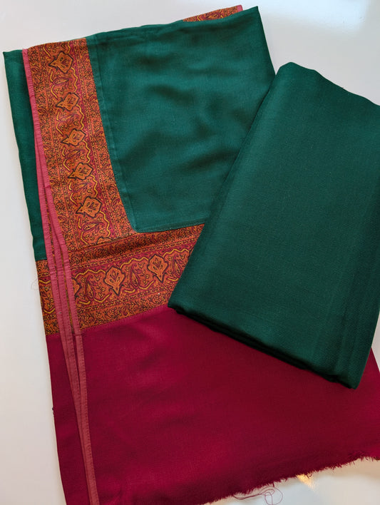 Pashmina Suit 3 Piece | Kani Border Shawl with Plain Suit | Dark Green