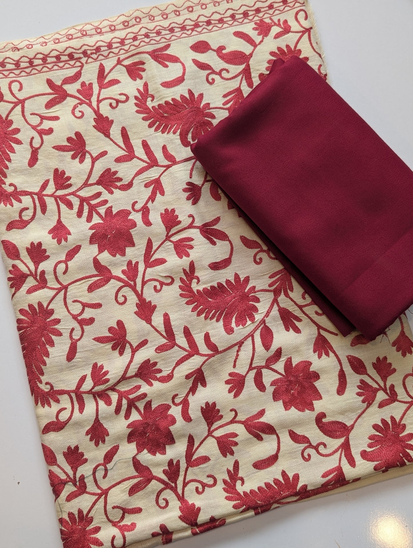 Pashmina 3 Piece Suit | Embroidered Shawl with Plain Suit Marina | Skin Maroon